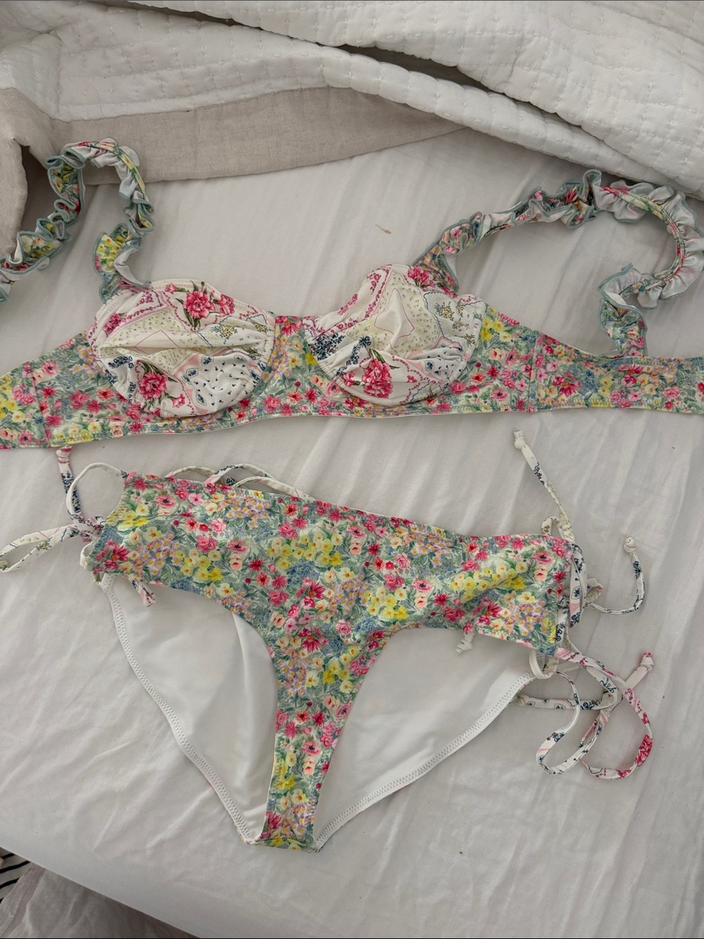LoveShackFancy Floral Ruched Strap Bikini - Pink, Yellow, Green